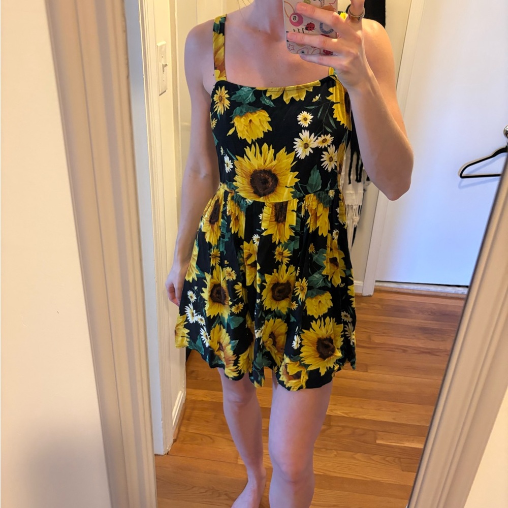 Sunflower Print Summer Dress Romper - Black & Yellow